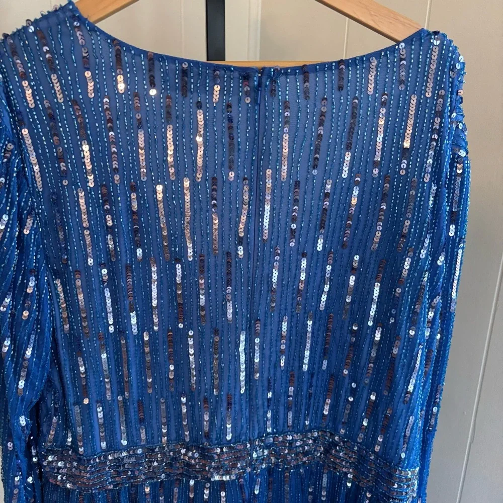 Mac Duggal Light Blue Sequin Tea-Length V-Neck Long Sleeve Formal Dress 22 *NOTE - Picture 12 of 16